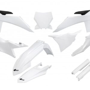 UFO KOMPLET PLASTIKÓW (FULL KIT) Z OSŁONAMI TELESKOPÓW (AMORTYZATORÓW) KTM SX 125 / 250 / 300 TBI '23-'24, SX-F 250 / 350 / 450 '23-'24 KOLOR BIAŁY