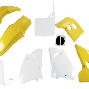 UFO KOMPLET PLASTIKÓW (FULL KIT) Z OSŁONAMI TELESKOPÓW (AMORTYZATORÓW) SUZUKI RM 125 '94-'95, RM 250 '94-'95 KOLOR OEM (ZÓŁTY/BIAŁY) (SU394E999)