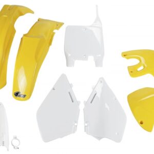 UFO KOMPLET PLASTIKÓW (FULL KIT) Z OSŁONAMI TELESKOPÓW (AMORTYZATORÓW) SUZUKI RM 125 / 250 '99-'00 KOLOR OEM (BIAŁY/ŻÓŁTY) (SU400E999)