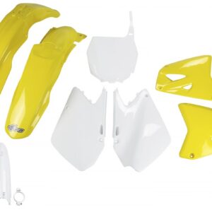 UFO KOMPLET PLASTIKÓW (FULL KIT) Z OSŁONAMI TELESKOPÓW (AMORTYZATORÓW) SUZUKI RM 125 '01-'22, RM 250 '01-'22 KOLOR OEM (BIAŁY/ŻÓŁTY) (SU402E999)