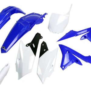 UFO KOMPLET PLASTIKÓW (FULL KIT) Z OSŁONAMI TELESKOPÓW (AMORTYZATORÓW) YAMAHA YZF 250 '14-'18, YZF 450 '14-'17 KOLOR OEM '18 (NIEBIESKI/BIAŁY/CZARNY) (YA318E999K)