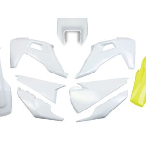 UFO KOMPLET PLASTIKÓW HUSQVARNA TE 150 / 250 / 300 '20-'23, FE 250 / 350 / 450 / 501 '20-'23 Z OSŁONĄ LAMPY KOLOR OEM BIAŁY + ŻÓŁTY BŁOTNIK TYLNY