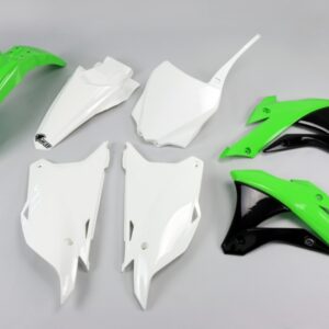 UFO KOMPLET PLASTIKÓW KAWASAKI KX 85 '14-'21, KX 100 '14-'21 KOLOR OEM '14-'15 (ZIELONY/BIAŁY/CZARNY)