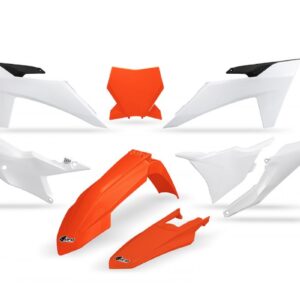 UFO KOMPLET PLASTIKÓW KTM SX 125 / 250 / 300 TBI '23-'24, SX-F 250 / 350 / 450 '23-'24 KOLOR OEM (POMARAŃCZOWY/BIAŁY)