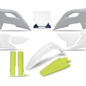 UFO KOMPLET PLASTIKÓW (FULL KIT) Z OSŁONAMI TELESKOPÓW (AMORTYZATORÓW) HUSQVARNA TC 125 / 250 '23-'24, FC 250 / 350 / 450 '23-'24, FX 350 / 450 '23-'24, TX 300 '24, KOLOR OEM BIAŁY ŻÓŁTY SZARY