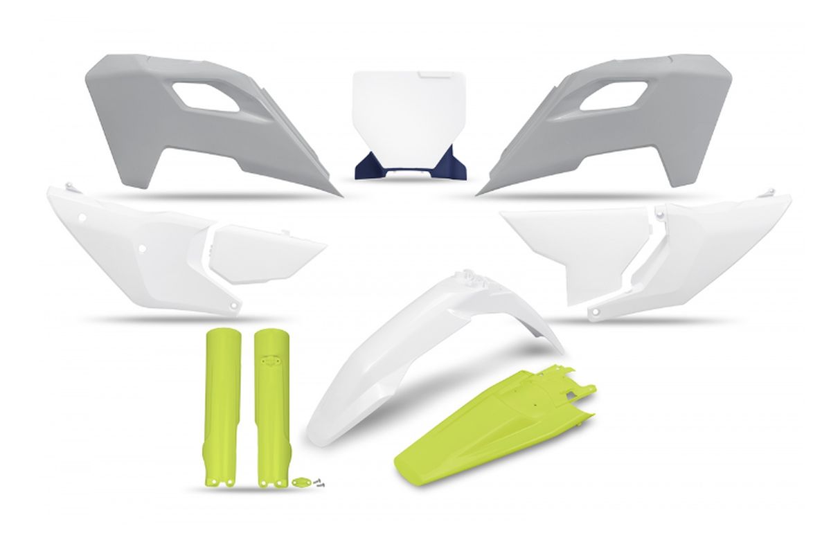UFO KOMPLET PLASTIKÓW (FULL KIT) Z OSŁONAMI TELESKOPÓW (AMORTYZATORÓW) HUSQVARNA TC 125 / 250 '23-'24, FC 250 / 350 / 450 '23-'24, FX 350 / 450 '23-'24, TX 300 '24, KOLOR OEM BIAŁY ŻÓŁTY SZARY