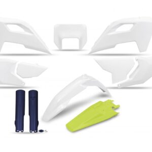 UFO KOMPLET PLASTIKÓW (FULL KIT) Z OSŁONAMI TELESKOPÓW (AMORTYZATORÓW) HUSQVARNA TE 150 / 250 / 300 '24-'25, FE 250 / 350 / 450 / 501 '24-'25 KOLOR OEM BIAŁY ŻÓŁTY