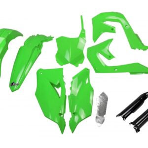 UFO KOMPLET PLASTIKÓW (FULL KIT) Z OSŁONAMI TELESKOPÓW (AMORTYZATORÓW) KAWASAKI KXF 250 '21-24, KXF 450 '19-23 KOLOR OEM ZIELONY CZARNY
