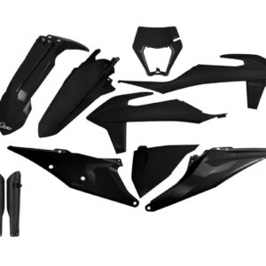 UFO KOMPLET PLASTIKÓW (FULL KIT) Z OSŁONAMI TELESKOPÓW (AMORTYZATORÓW) KTM EXC 125 '20-'21, EXC 250 / 300 TPI '20-'23, EXC-F 250 / 350 / 450 / 500 '20-'23 KOLOR CZARNY