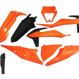 UFO KOMPLET PLASTIKÓW (FULL KIT) Z OSŁONAMI TELESKOPÓW (AMORTYZATORÓW) KTM EXC 125 '20-'21, EXC 250 / 300 TPI '20-'23, EXC-F 250 / 350 / 450 / 500 '20-'23 KOLOR OEM POMARAŃCZOWY CZARNY