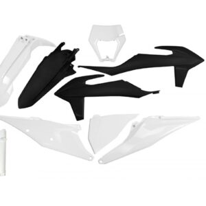 UFO KOMPLET PLASTIKÓW (FULL KIT) Z OSŁONAMI TELESKOPÓW (AMORTYZATORÓW) KTM EXC 125 '20-'21, EXC 250 / 300 TPI '20-'23, EXC-F 250 / 350 / 450 / 500 '20-'23 KOLOR OEM BIAŁY CZARNY