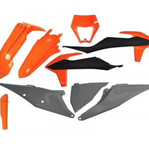 UFO KOMPLET PLASTIKÓW (FULL KIT) Z OSŁONAMI TELESKOPÓW (AMORTYZATORÓW) KTM EXC 125 '20-'21, EXC 250 / 300 TPI '20-'23, EXC-F 250 / 350 / 450 / 500 '20-'23 KOLOR OEM POMARAŃCZOWY SZARY