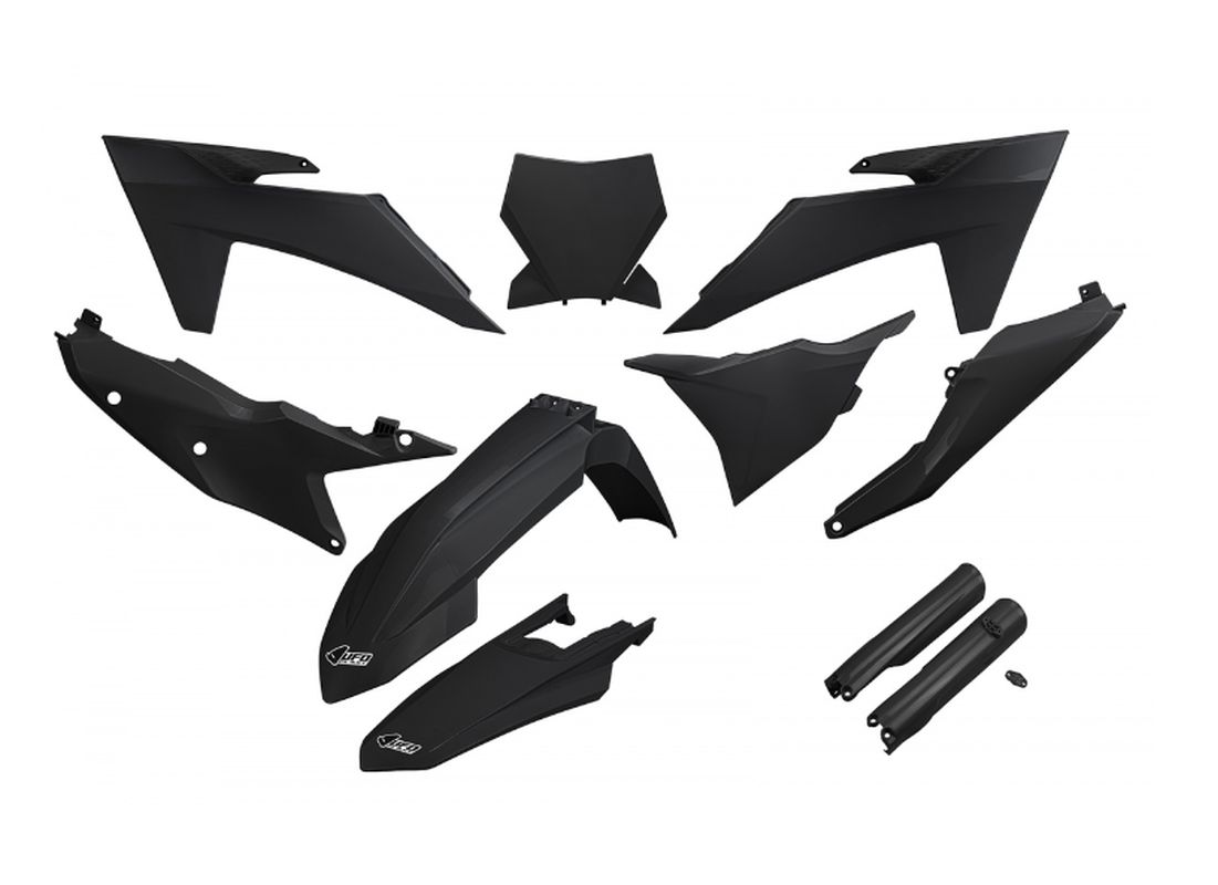 UFO KOMPLET PLASTIKÓW (FULL KIT) Z OSŁONAMI TELESKOPÓW (AMORTYZATORÓW) KTM SX 125 / 250 / 300 TBI '23-'24, SX-F 250 / 350 / 450 '23-'24 KOLOR CZARNY