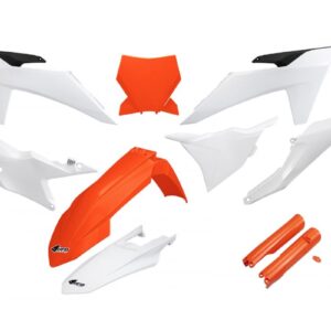 UFO KOMPLET PLASTIKÓW (FULL KIT) Z OSŁONAMI TELESKOPÓW (AMORTYZATORÓW) KTM SX 125 / 250 / 300 TBI '23-'24, SX-F 250 / 350 / 450 '23-'24 KOLOR OEM POMARAŃCZOWY BIAŁY