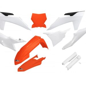 UFO KOMPLET PLASTIKÓW (FULL KIT) Z OSŁONAMI TELESKOPÓW (AMORTYZATORÓW) KTM SX 125 / 250 / 300 TBI '23-'24, SX-F 250 / 350 / 450 '23-'24 KOLOR OEM BIAŁY POMARAŃCZOWY