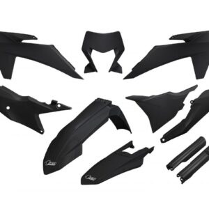 UFO KOMPLET PLASTIKÓW (FULL KIT) Z OSŁONAMI TELESKOPÓW (AMORTYZATORÓW) KTM EXC 150 / 250 / 300 TBI '24-'25, EXC-F 250 / 350 / 450 / 500 '24-'25 KOLOR CZARNY
