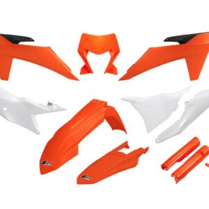 UFO KOMPLET PLASTIKÓW (FULL KIT) Z OSŁONAMI TELESKOPÓW (AMORTYZATORÓW) KTM EXC 150 / 250 / 300 TBI '24-'25, EXC-F 250 / 350 / 450 / 500 '24-'25 KOLOR OEM POMARAŃCZOWY BIAŁY