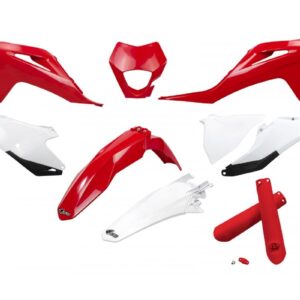 UFO KOMPLET PLASTIKÓW (FULL KIT) Z OSŁONAMI TELESKOPÓW (AMORTYZATORÓW) GAS GAS EC / EC-F 250 / 300 / 350 '21-'23 KOLOR OEM CZERWONY BIAŁY